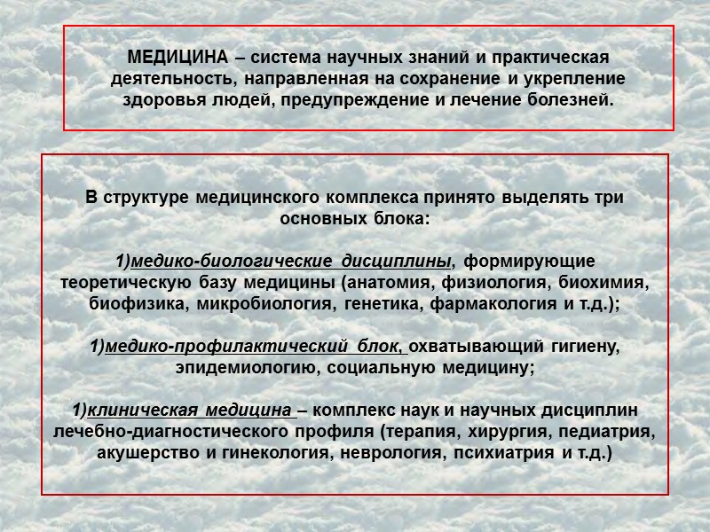 МЕДИЦИНА – система научных знаний и практическая деятельность, направленная на сохранение и укрепление здоровья